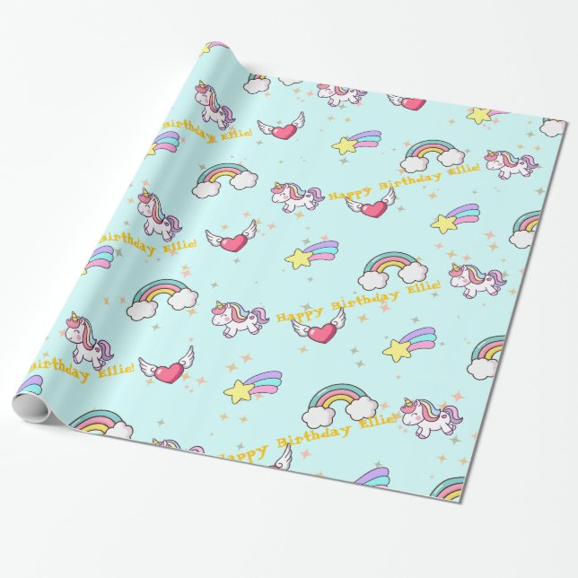 Baby Blue Cute Rainbow Unicorn Star Magical Presentpapper (Utrullad)
