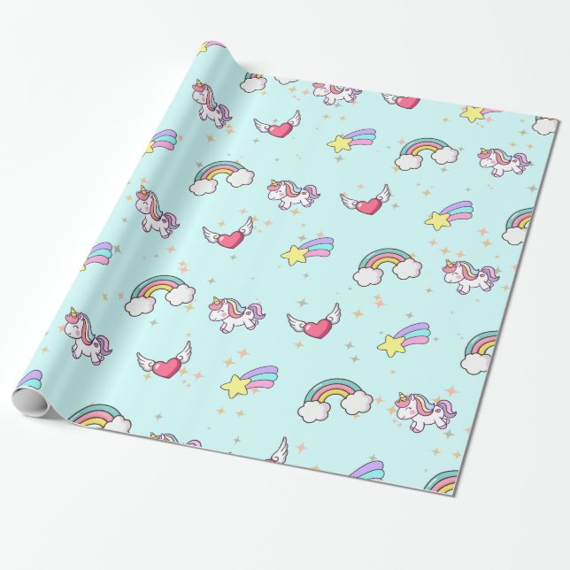 Baby Blue Cute Rainbow Unicorn Star Magical Presentpapper (Utrullad)