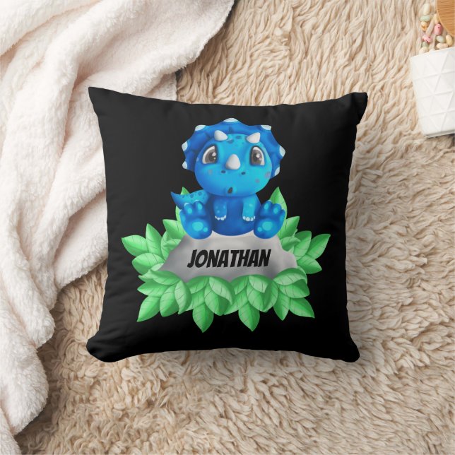 Baby blue Dinosaur Black Dekorativ kudde (Filt)