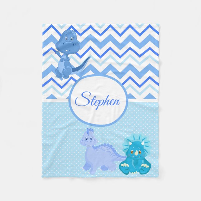 Baby blue Dinosaur Chevron-Personlig Fleecefilt (Framsidan)
