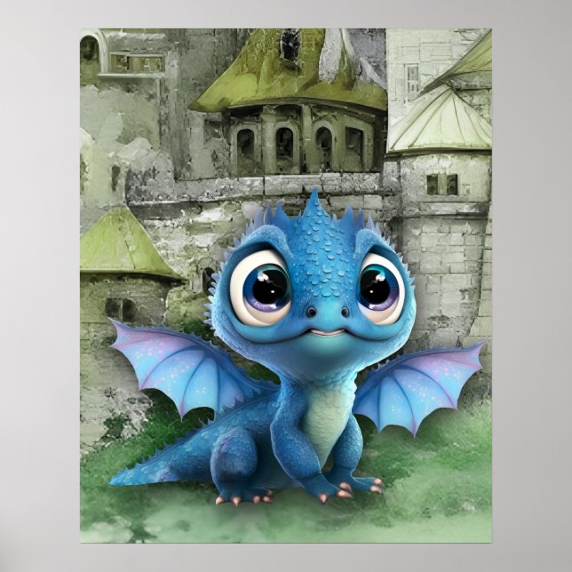Baby blue draken och Fantasy medeleval Castle Poster (Framsidan)