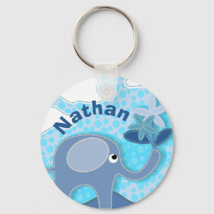 Baby blue elefant- och blomsterPersonlig Nyckelring