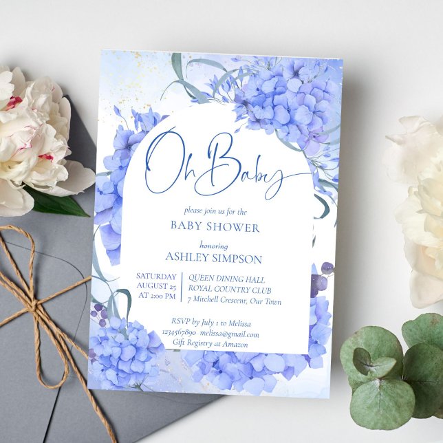 Baby blue elegant-babydusch inbjudningar (Oh Baby blue hydrangeas floral arch baby shower invitation modern casual script)