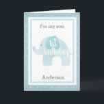 baby blue Elephant 1st Birthday Son Kort<br><div class="desc">Ett sött blått elefant 1:a födelsedagekort. Den har en mjuk blå vattenfärgselefant som säger "första födelsedag". Du kommer att kunna anpassa kortets framsida med din sons namn. Invändigt kortmeddelande kan också vara lätt att personlig. Baksidan av det här elefantkortet för första födelsedag har samma blå elefant, som du kan anpassa...</div>