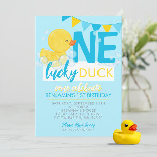 Baby blue en Lucky Anka Watercolor 1:a födelsedag Inbjudningar