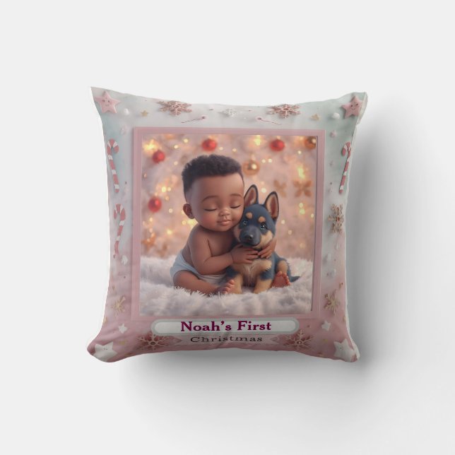 Baby & Blue-Eyed Pup Christmas Pillow Kudde (Framsida)