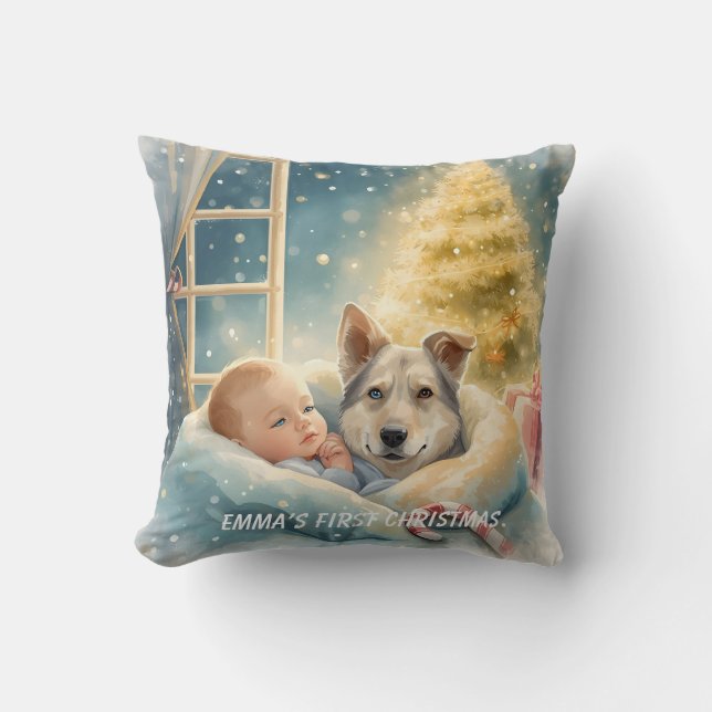 Baby & Blue-Eyed Pup Christmas Pillow Kudde (Framsida)