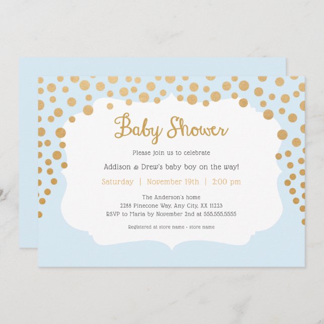 Baby blue + faux guld pojkbarnsdusch inbjudningar (Fram/baksida)