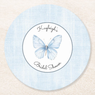 Baby Blue Fjäril Falskt Linne Bröllopsdusch Underlägg Papper Rund
