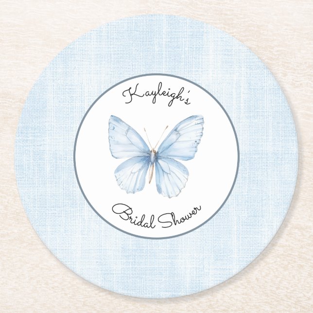 Baby Blue Fjäril Falskt Linne Bröllopsdusch  Underlägg Papper Rund (Framsidan)