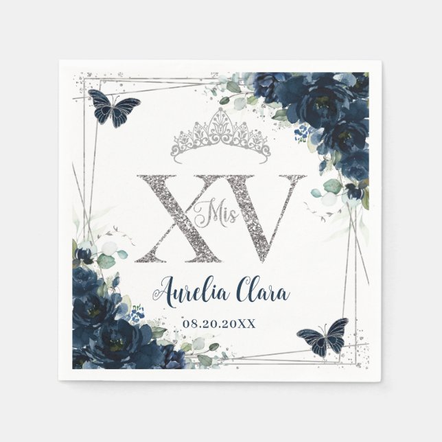 Baby Blue Floral Butterflies Silver Quinceañera XV Pappersservett (Framsidan)