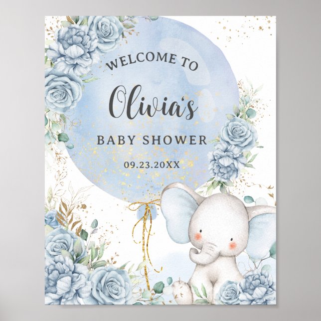 Baby Blue Floral Elephant Boy Baby Shower Poster (Framsidan)