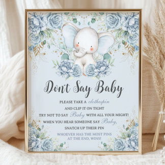 Baby Blue Floral Elephant Don't Say Baby Game Poster
