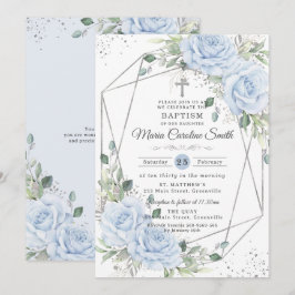 Baby Blue Floral Silver Baptism Christening  Inbjudningar