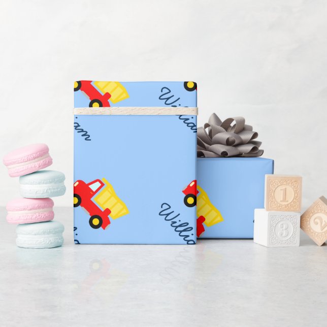 Baby blue förpackning papper med leksak lastbil presentpapper (Baby Shower)