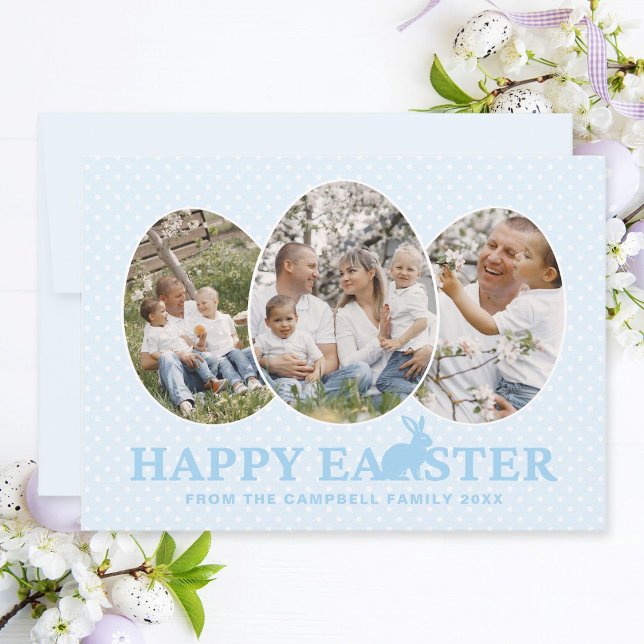 Baby blue fotosamlingsägg i glad påsk Bunny Julkort (Easter family photo collage card with egg-shaped photo frames, baby blue text and rabbit.)