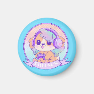 Baby blue Gamer Girl Kawaii Chibi Hund & hörlurar Magnet