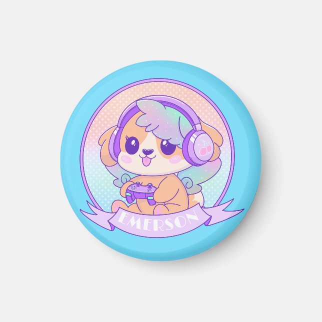 Baby blue Gamer Girl Kawaii Chibi Hund & hörlurar Magnet (Framsidan)