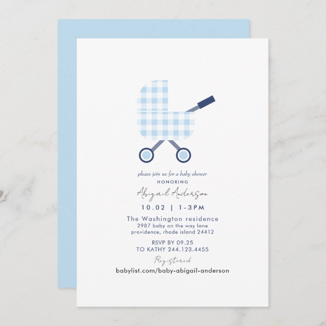 Baby blue Gingham Baby Shower Inbjudningar (Fram/baksida)