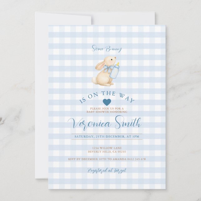 Baby Blue Gingham Bunny Baby Shower Invitation Inbjudningar (Framsida)