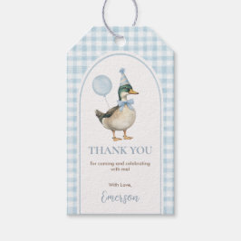 Baby Blue Gingham En Lucky Duck Ballong Födelsedag Presentetikett