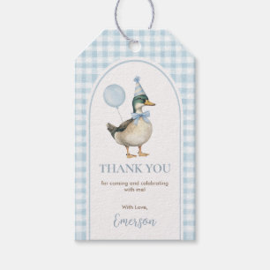 Baby Blue Gingham En Lucky Duck Ballong Födelsedag Presentetikett