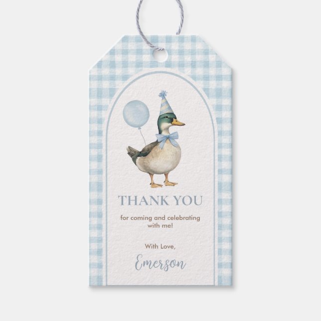 Baby Blue Gingham En Lucky Duck Ballong Födelsedag Presentetikett (Framsidan)