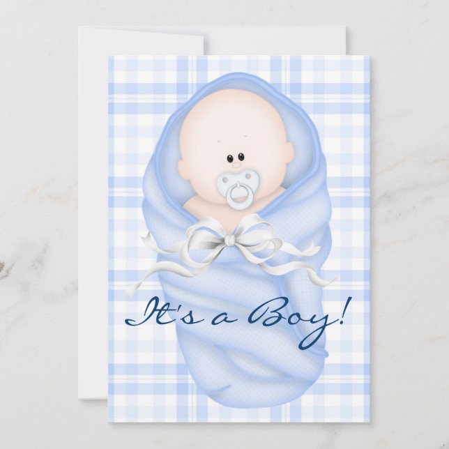 Baby blue Gingham Pojke Shower-inbjudningar till m Inbjudningar (Framsida)