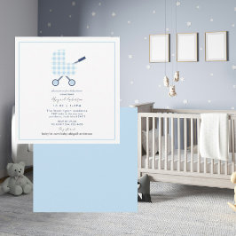 Baby blue Gingham Pram Baby Shower Square Inbjudningar