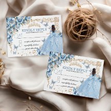 Baby Blue Gold Princess Quinceanera RSVP-kort