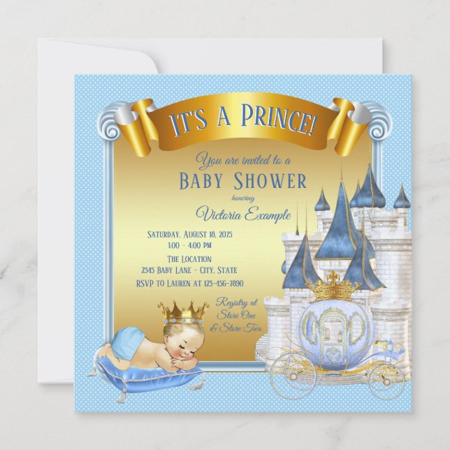 Baby Blue Gold Prins Bebis Bebisfest Inbjudningar (Framsida)