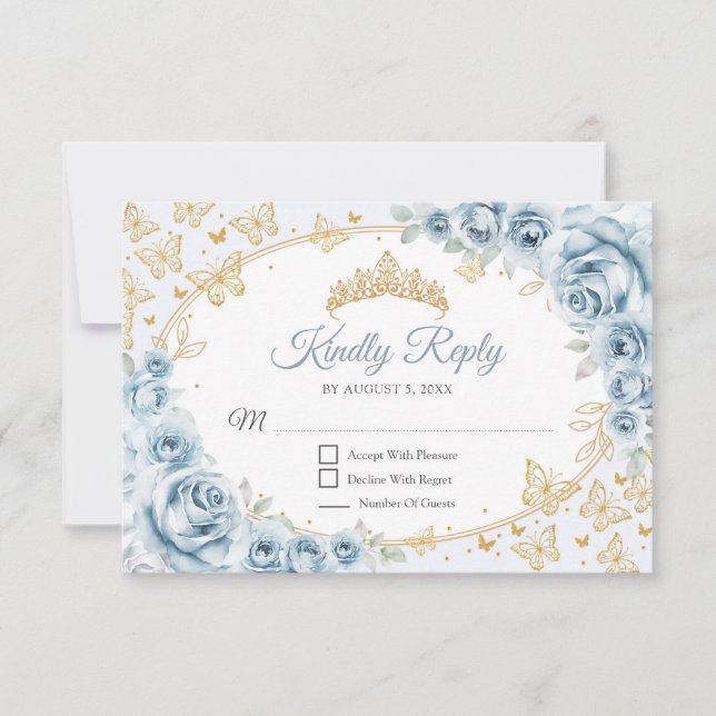 Baby Blue Gold Quinceanera Reply OSA Kort (Framsida)