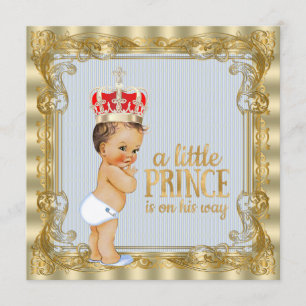 Baby Blue Gold Royal Prince Babyfirande Inbjudningar