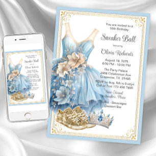 Baby Blue Gold Sneaker Ball Födelsedagsfest Inbjudningar