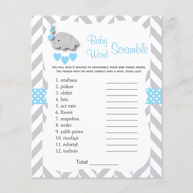 Baby Blue & Gray Elephant Baby Shower - Scramble Flygblad (Framsidan)