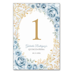 Baby Blue Guld Blommig Quinceanera Bordsnummer