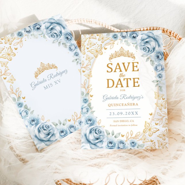 Baby Blue Guld Blommig Quinceanera Spara Datumet (Skapare uppladdad)
