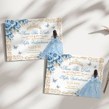 Baby Blue Guld Blommig Quinceanera