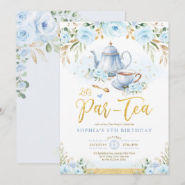 Baby blue Guld Blommigt Girls Birthday Tea Party Inbjudningar