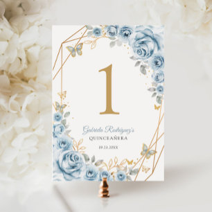 Baby blue Guld Blommigt Quinceanera Bordsnummer
