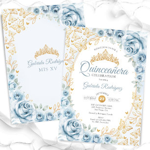 Baby blue Guld Blommigt Quinceanera Inbjudningar