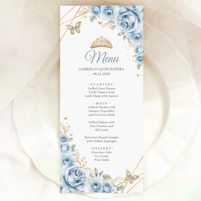 Baby blue Guld Blommigt Quinceanera Meny (Skapare uppladdad)