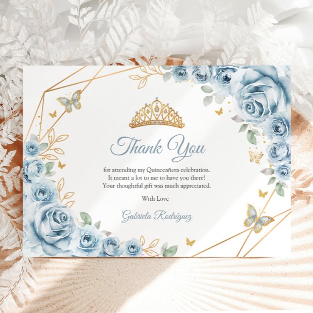 Baby blue Guld Blommigt Quinceanera Tack Kort (Skapare uppladdad)