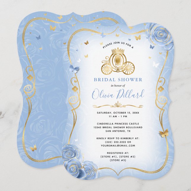 Baby blue Guld Cinderella Princess Möhippa Inbjudningar (Fram/baksida)