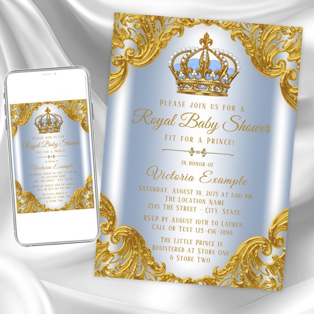 Baby blue Guld Prince-inbjudningar till babykläder Inbjudningar (Baby blue gold prince baby shower invitation. Instant download and printed invitations available.)
