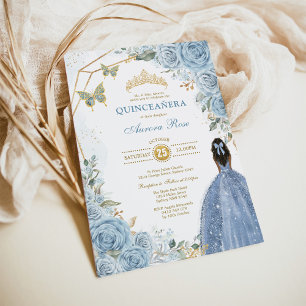 Baby blue Guld Quinceañera Butterfly Princess Inbjudningar