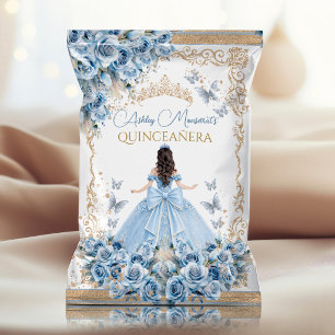 Baby Blue Guld Quinceañera Chipspåse med Krona Reklamblad