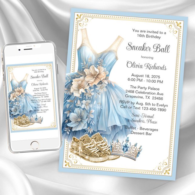 Baby blue Guld Sneaker Boll Födelsedagsfest Inbjudningar (Baby blue gold sneaker ball invitation. Instant download and printed invitations available.)