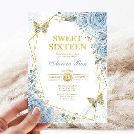 Baby blue Guld Sweet 16 Butterfly Geometric Ram Inbjudningar