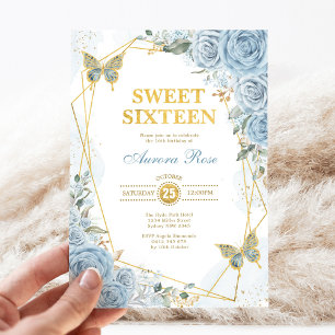 Baby blue Guld Sweet 16 Butterfly Geometric Ram Inbjudningar